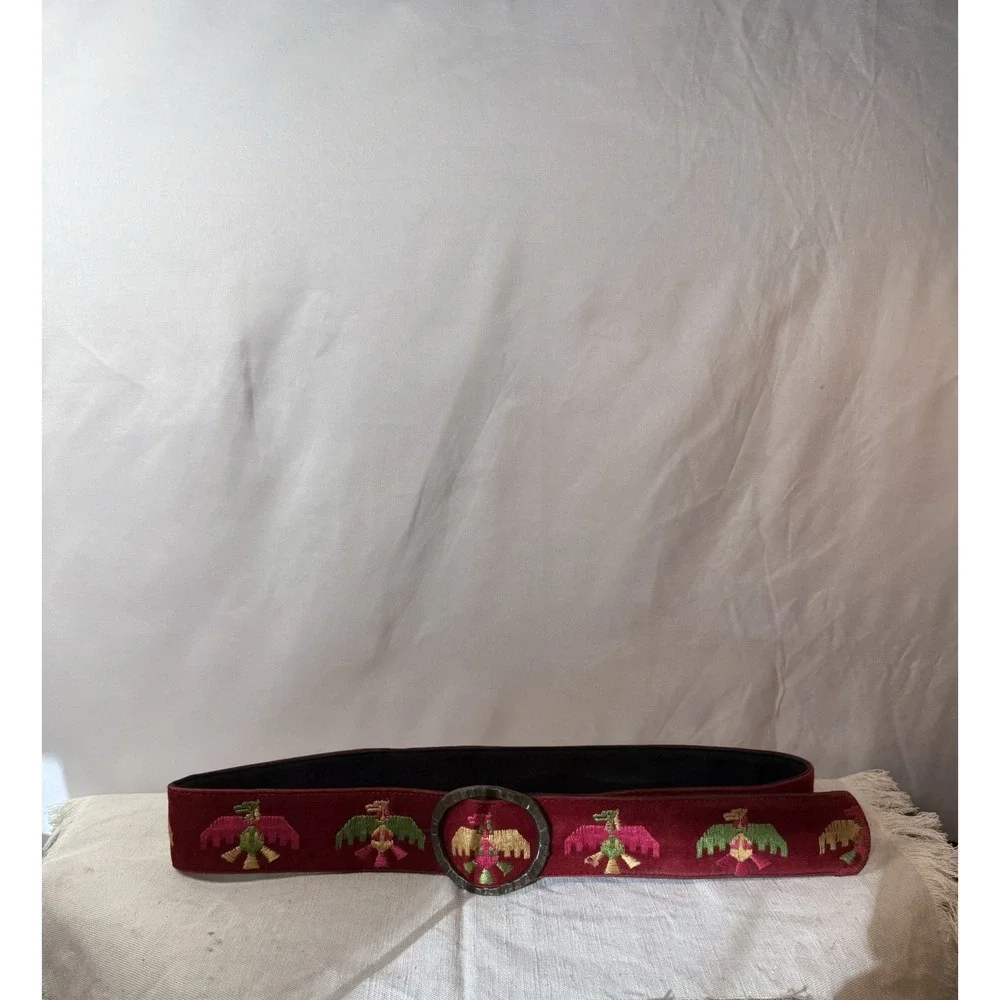 Vintage Red embroidered Thunderbird Indian Eagle belt with hand, hammered buckle